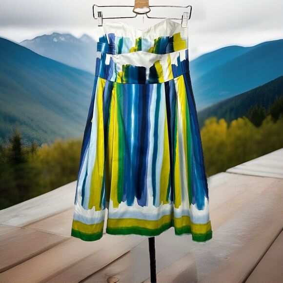 Calvin Klein Dress 10 Sleeveless Strapless Pleat Sundress White Blue Watercolor - Picture 2 of 6